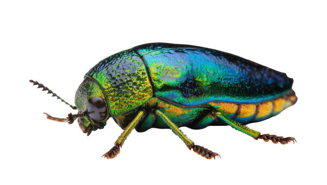 Iridescent metallic jewel beetle with vibrant green and blue colors