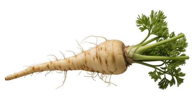 Parsnip root vegetable with green leafy tops and thin rootlets