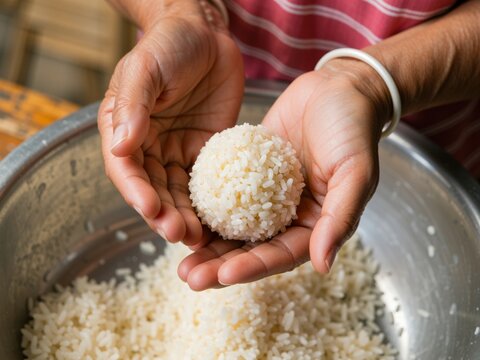 Hands shaping sticky white rice into ball