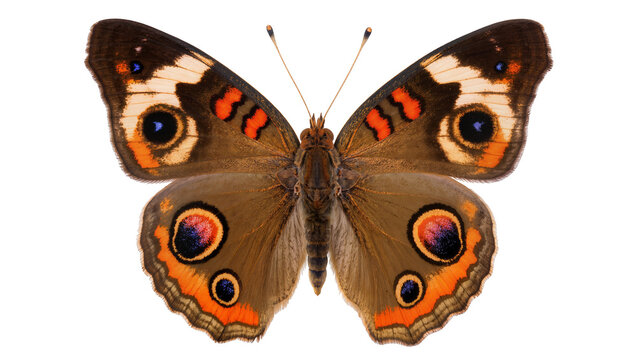 Brown butterfly with orange and black eyespots on wings