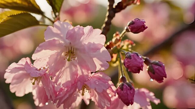 Closeup of Delicate Pink Cherry Blossoms Blooming in Spring Sunlight.