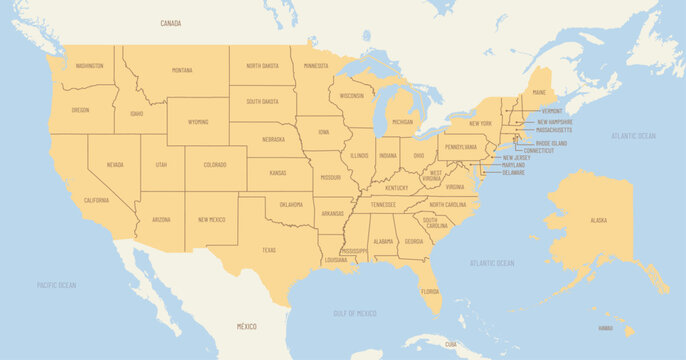 political map of united states of america with administrative divisions and state borders, detailed vector illustration