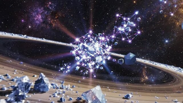 Abstract Digital Art Futuristic Space Station with Ringed Planet and Nebula