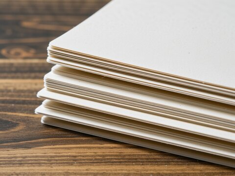 Stacked blank white cardstock paper sheets on wood