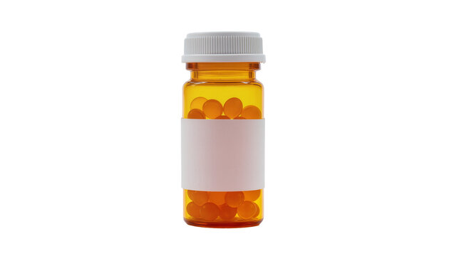 Amber prescription pill bottle with white cap and blank label