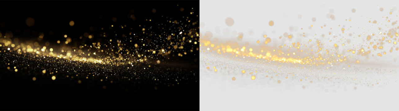 Golden particles float isolated on transparent and black background, for use in creative designs and projects, light overlay, PNG