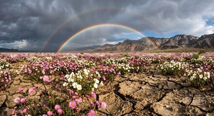 Fototapeta premium Double rainbow over desert flowers after rain