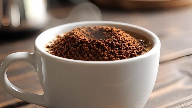 Closeup of Instant Coffee Granules Piled High in a White Mug on a Wooden Table.
