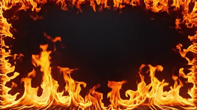 Fiery flames create an intense border around a dark background.
