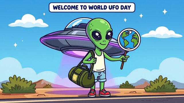 Green alien with a duffel bag and earth sign standing on a road looking for a ride under a UFO. World UFO Day concept illustration. 
