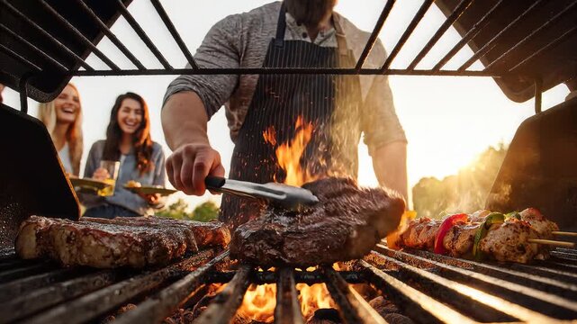 Man grilling juicy steaks over open fire at backyard barbecue