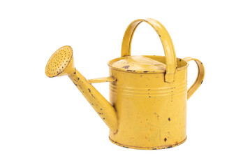 Yellow metal watering can with handle and spout, isolated on transparent background © Photo Find