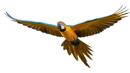 Blue and yellow macaw parrot flying with wings spread © Ari