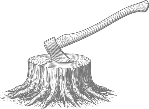 Vintage engraving of an axe embedded in a tree stump with exposed roots