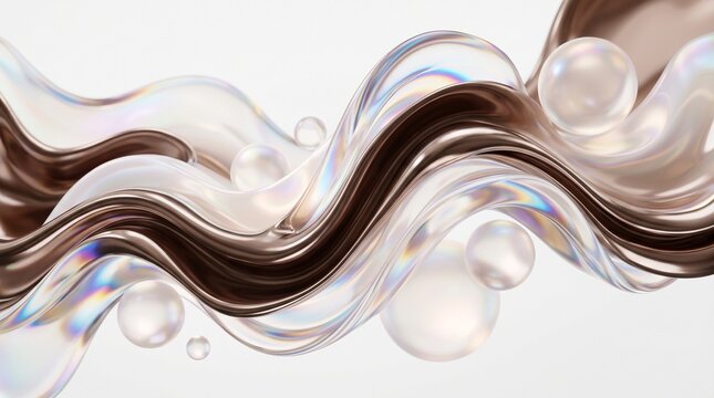 Iridescent flowing strands with reflective bubbles on white background