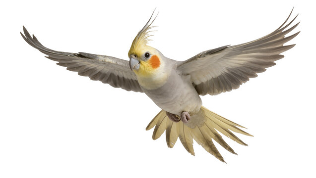 Cockatiel bird with wings spread flying