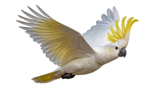 Sulphur-crested cockatoo in flight with yellow crest and wings