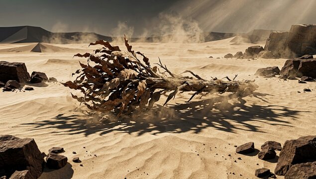 Tumbleweed rolling across sandy desert floor under bright sunlight with dust clouds and dark stones.