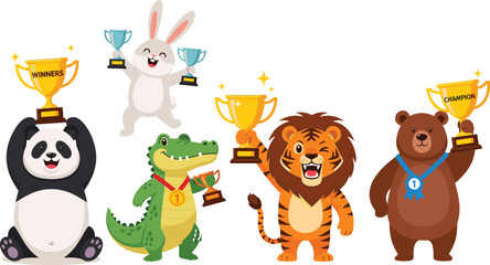 Cute champion animal cartoon vector illustration set featuring panda rabbit crocodile tiger and bear holding trophies © MdNazmul