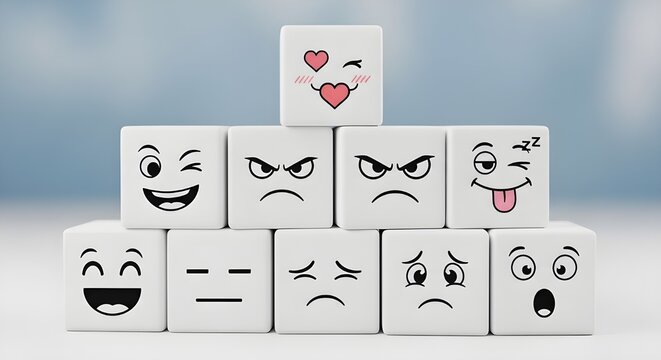 A pyramid of white cubes with various cartoon facial expressions