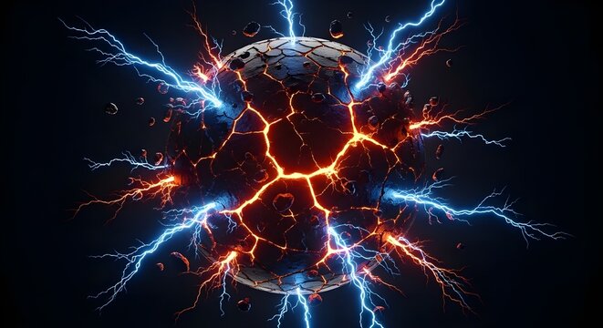 A cracked planet exploding with electrical energy and floating debris