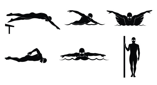 Swimming Sport Silhouette Set &mdash; Freestyle Backstroke Butterfly Breaststroke and Standing Swimmer Black Vector Illustrations