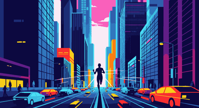 Vibrant urban runner in a stylized futuristic city street, depicting modern energy, healthy lifestyle, and dynamic progress against a colorful skyline.