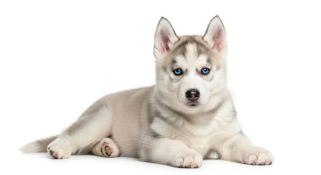 Husky puppy with piercing blue eyes white gray