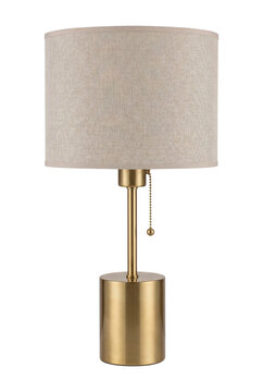 Brass table lamp with fabric shade, isolated on transparent background