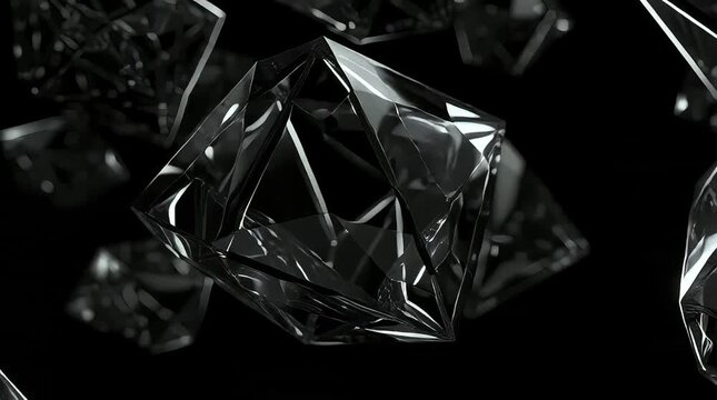 Abstract black diamonds floating in dark space, luxury crystal background with elegant geometric shapes and high contrast light reflections.