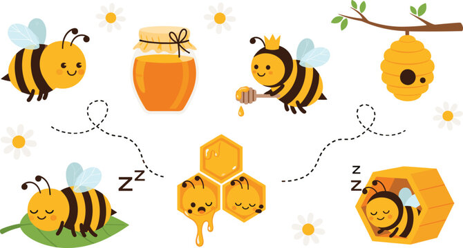 Cute bee and honey cartoon vector illustration set featuring kawaii bees honeycomb hive and honey jar isolated nature collection