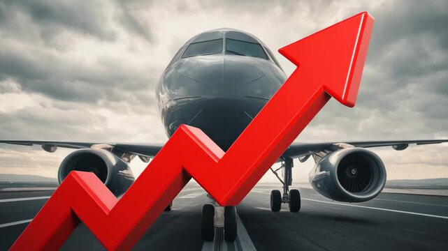 Airplane on runway with red arrow sign showing fuel price rising. Economic crisis and high inflation impact on air travel industry. Global aviation transport cost and energy hike.