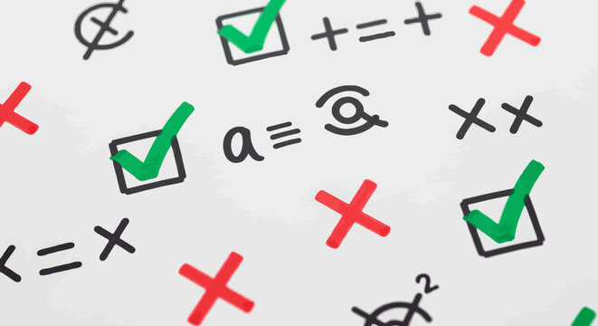 collection of mathematical symbols and checks red crosses and equations