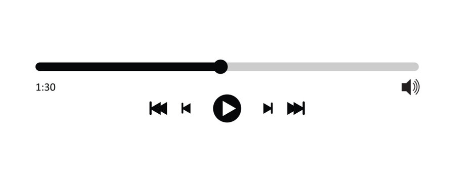 Music or video play bar vector icon pack featuring audio media control timeline progress seek bar and
 player buttons for UI UX web design.