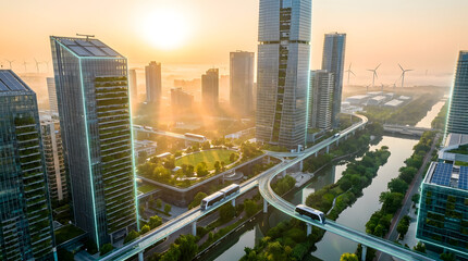 Fototapeta premium Futuristic city skyline with elevated trains and renewable energy sources at sunrise