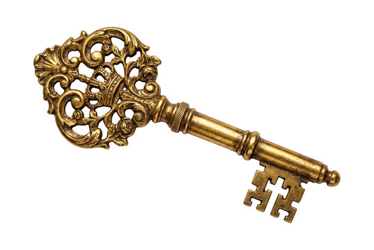 Ornate golden skeleton key with decorative details, isolated on transparent background