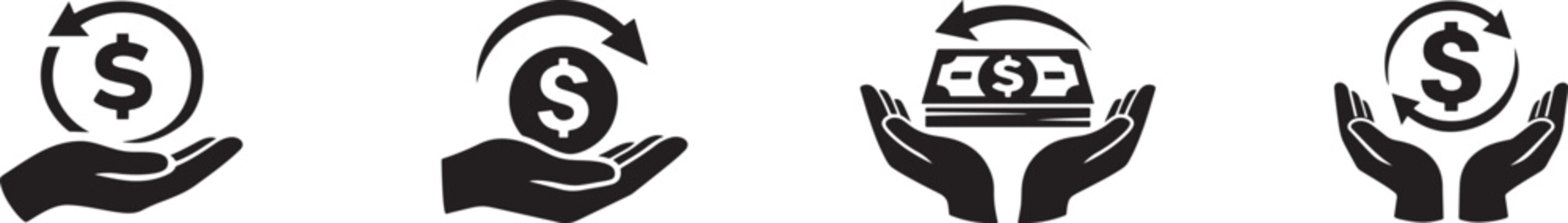 Cashback icon set showing money return, refund, hand receiving cash symbols in clean vector style.