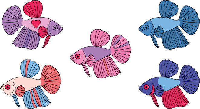 Colorful betta fish cartoon vector illustration set featuring ornamental Siamese fighting fish isolated aquarium collection