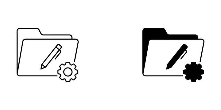 Document folder settings icon with pen and gear for data management, directory