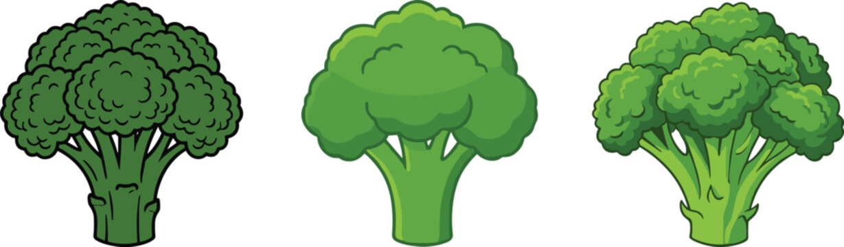 Broccoli cartoon vector illustration set featuring fresh green broccoli vegetables isolated healthy food collection
