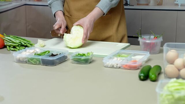 Cook Slicing Fresh Cabbage for Meal Preparation in Kitchen