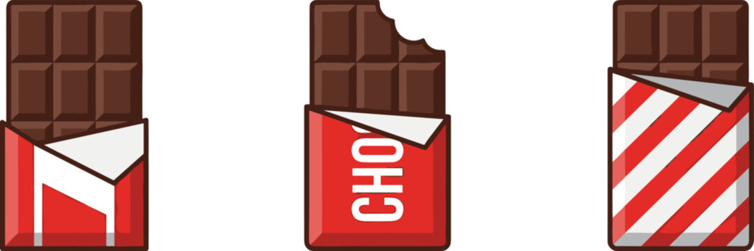 Chocolate bar cartoon vector illustration set featuring wrapped milk chocolate bars with bite marks isolated sweet candy collection