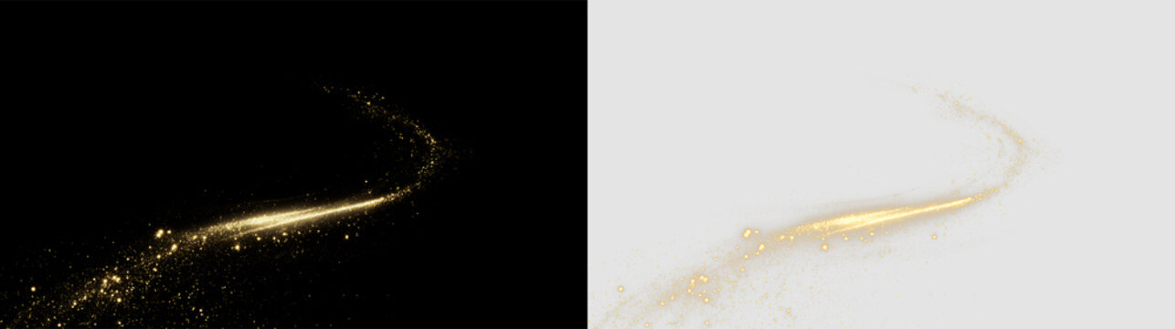 Gold sparkles and glowing trail isolated on transparent and black background, showing movement and brightness for creative projects or designs, light overlay, PNG