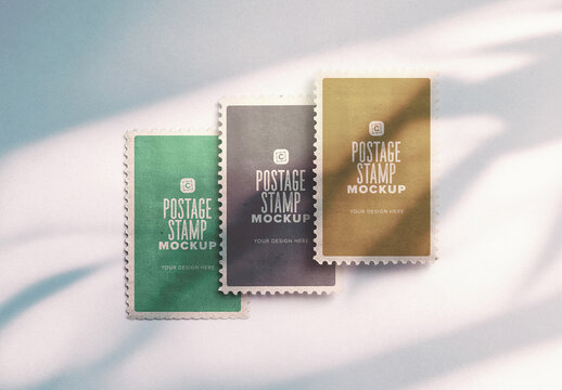 Vintage Postage Stamp Mockup &mdash; 3 Fanned Stamps, Natural Light Flat Lay, PSD