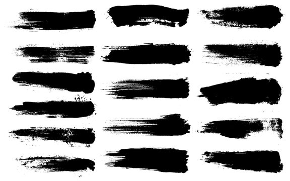Straight line vector brush strokes. Black hand drawn stripes, smears. Chinese or Japanese calligraphy brushstrokes set. Rough grunge thick paint line texture. Vintage sketch rectangle text boxes