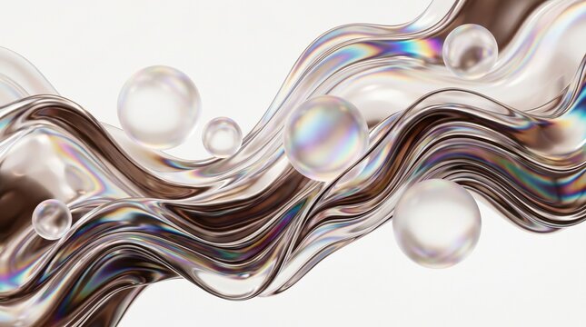 Iridescent liquid bubbles flowing over metallic surface with rainbow reflections