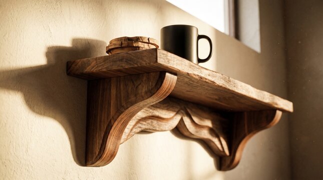 Walnut Shelf Bracket Organic Curves Ceramic Mug Wood Coasters Sunlight Shadows