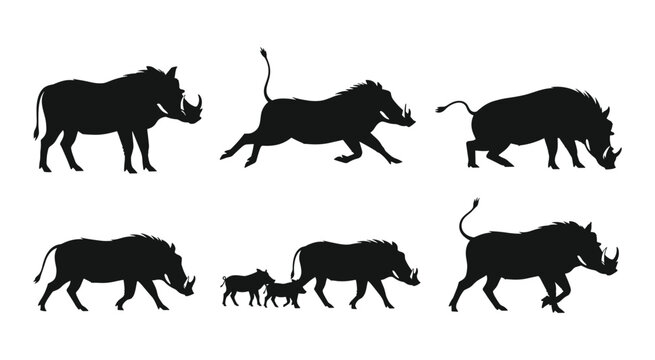 Warthog Silhouette Set &mdash; Running Charging Standing and Family Group African Wild Boar Black Vector Illustrations