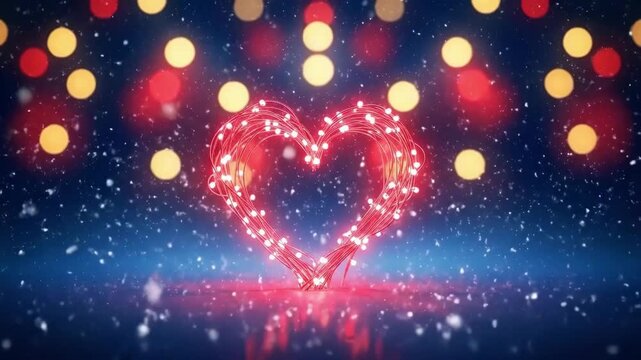 Bright red heart shape made of glowing string lights. Love and romantic feelings concept for Valentines Day and anniversary celebration.