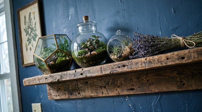 Reclaimed Pine Shelf Navy Wall Glass Terrariums Dried Lavender Dutch Angle